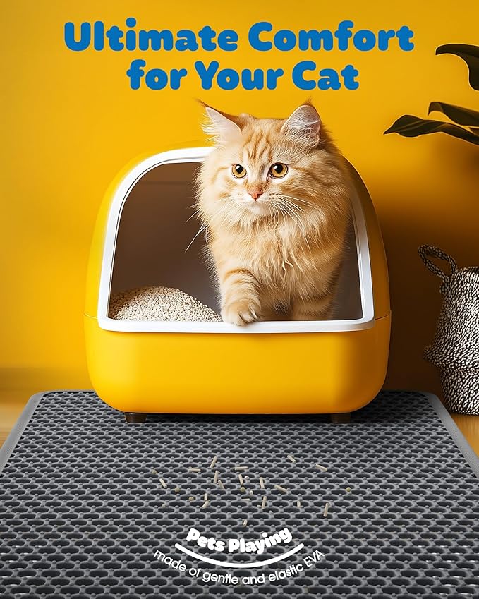 27" x 19" Cat Litter Mat - Large Litter Box Mat with Double Layers, Urine-Proof and Non-Slip Litter Trapping Mat, Easy to Clean Kitty Litter Mats for Floor, Scatter Control, Grey