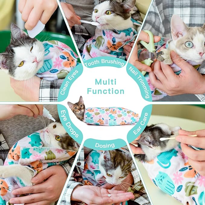 17.7" Cat Grooming Wrap, Cat Wrap for Cutting Nails, Self-Adherent Fabric Wrap for Cats, Cat Burrito Wrap Anti-Scratch, Anti-Escape, Multifunctional Swaddle Wrap Pet Tool (Green Kitten, Medium)
