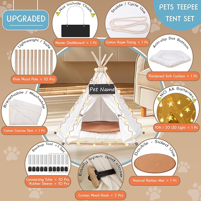 16" Dog& Cat Teepee Tent +20" Pet Cooling Mat +10ft Star String Light [2-Modes],Cotton Thicked Soft Comfort Anti-Slip Cushion (Used/Wash Separately), Small Pets Tents House Indoor or Outdoor