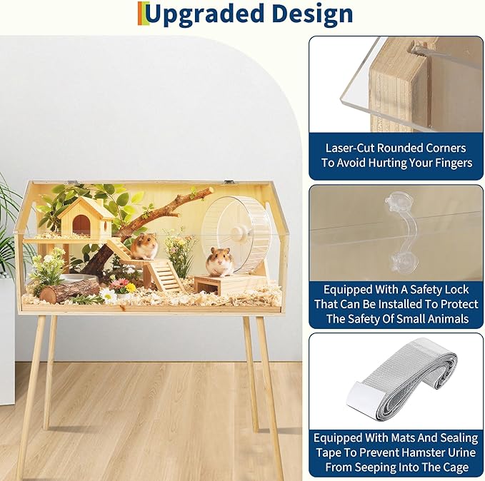 Hamster Cage with Legs, 32" L x 16" W x 40" H Large Hamster Habitats Enclosure with Acrylic Window & Openable Top,Small Animal Cage Chew Proof for Guinea Pig, Chinchilla, Gerbil