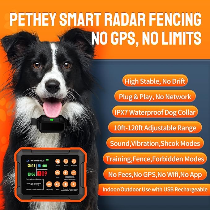 2025 Upgraded Wireless Dog Fence, Dog Training, No-Go Zone, 3-in-1 Precision Radar Electric fence for dogs, Coverage up to 1 Acre, Real-Time Distance Monitoring, Indoor & Outdoor, Medium & Large Dogs