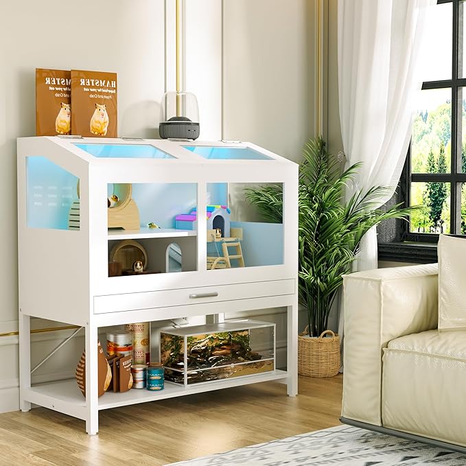 Hamster Cage with Storage Cabinet, Guinea Pig Cage for Small Animals, Large Hamster Cage and Habitat with Easy View Acrylic Panels and Pull Out Drawer for Hamster, Rabbit, Hedgehog, Easy to Clean