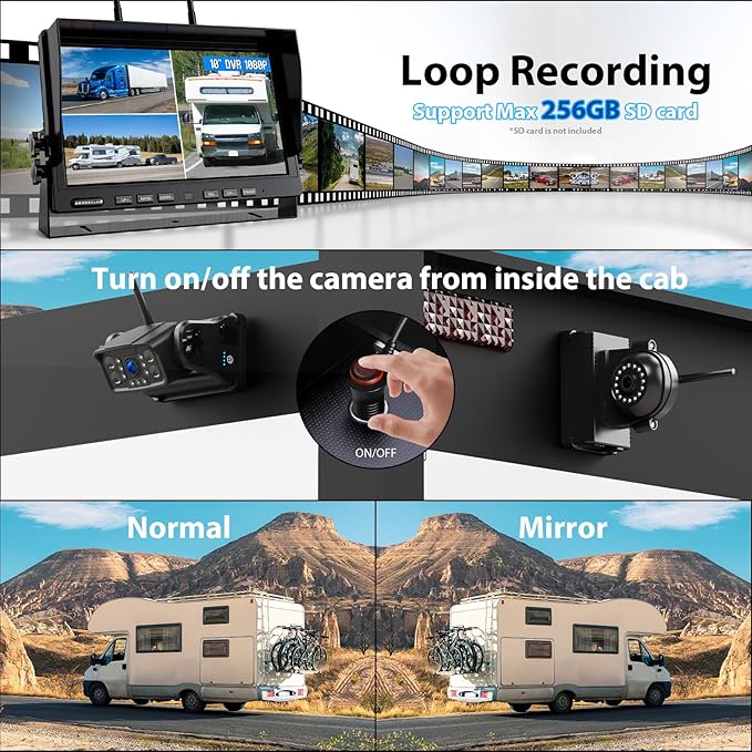 3 Magnetic Wireless Backup Camera with HD 1080P 10" DVR Monitor, 1-Rear View 2-Side View Cameras Wireless System for RV Trailer Trucks, Built-in 9600mAh Battery,Night Vision,Recording- ZEROXCLUB BC103