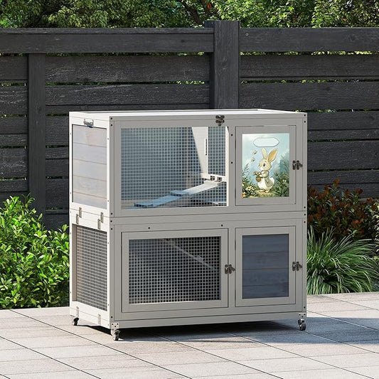 2-Story Wooden Rabbit Hutch for Outdoor & Indoor, Bunny Cage Rabbit House with Wheels, Trays, Ramp, Pet Home for Guinea Pigs, Chickens, Chicken Coop, Gray with Colorful Patterns
